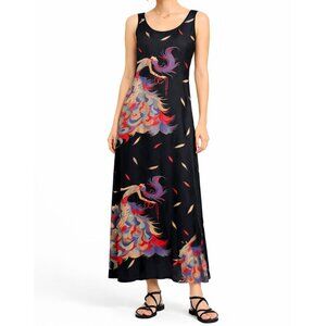 Vintage Citron Black 100% Silk Maxi Dress with Print Asian Goth Womens Size S